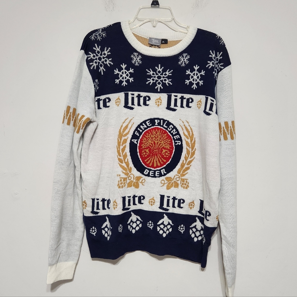 Miller Lite Beer Ugly Christmas Party Fall Winter Crewneck Novelty Sweater L
